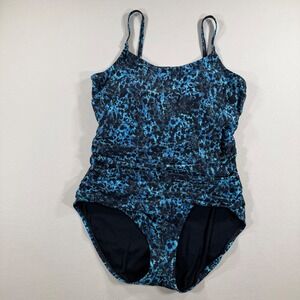 Speedo Womens Blue Black Abstract Print Ruched One Piece Swimsuit Size 16